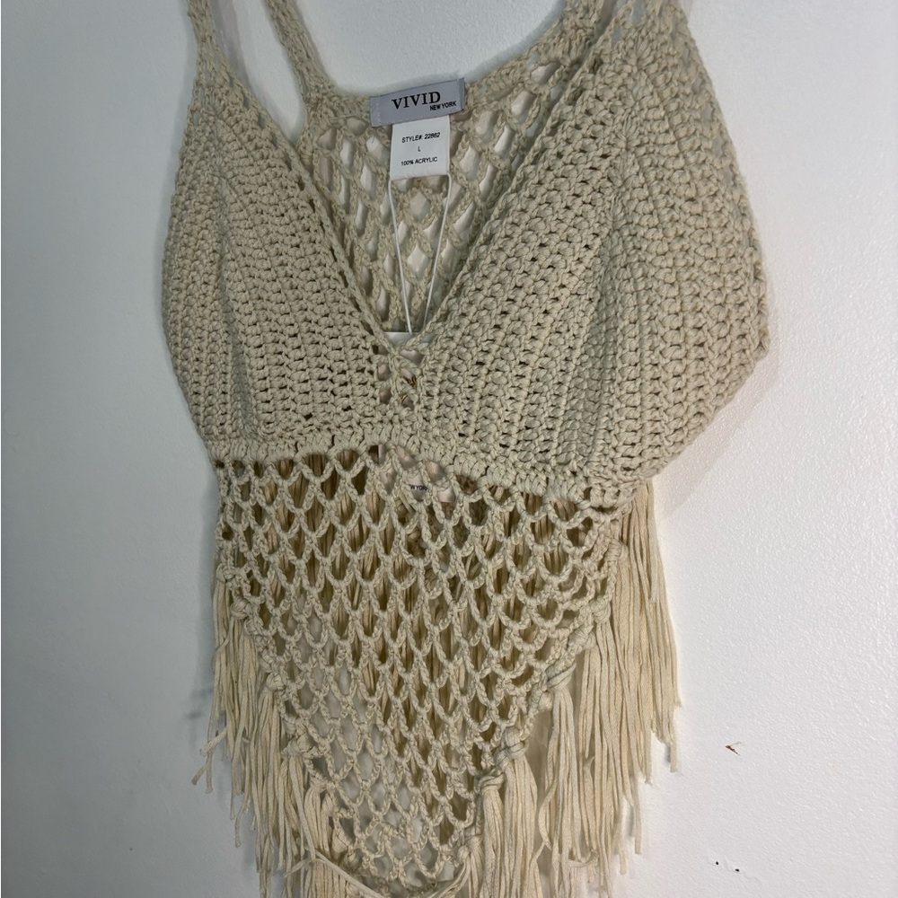 Vivid Cream Crochet Fringe Top, Boho, Western, Festival - Picture 2 of 12